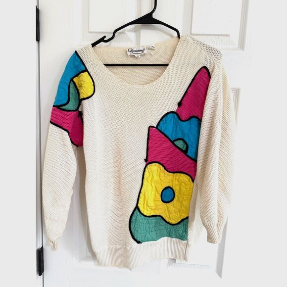80s Retro Cream with Bright Color Block Alexandria Knit Sweater - Womens Size M - Picture 2 of 8